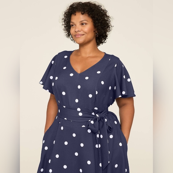 Lane Bryant Navy Polka Dot Lena V Neck Level Hem Midi Dress Womens Plus Size 24 - Picture 3 of 11